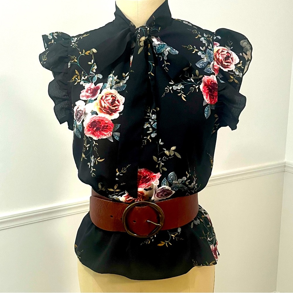 Ruffle blouse office chic secretary style with large bow tie neck line